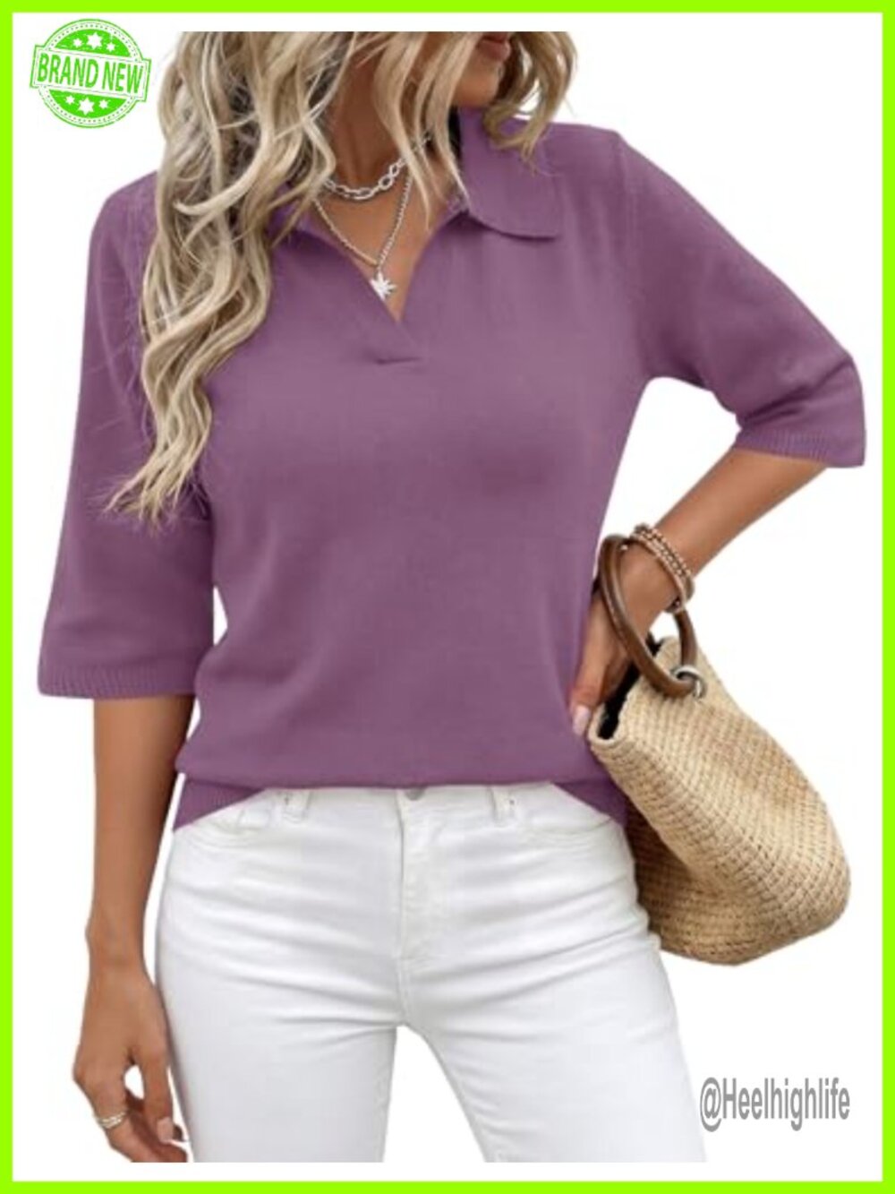 Rapbin 3/4 Sleeve Polo Sweater Knitted Collared Pullover Business Casual
